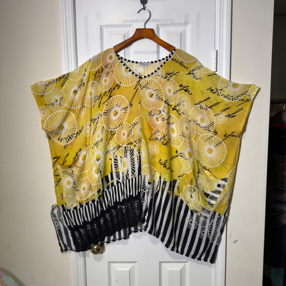 Darkwin‎ Abstract Oversized Blouse 2X Yellow Black Artsy Boho Lagenlook